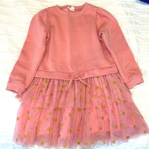 Crewcuts girls size XS (4/5) tulle tiered sweatshirt dress- pink & gold sparkles